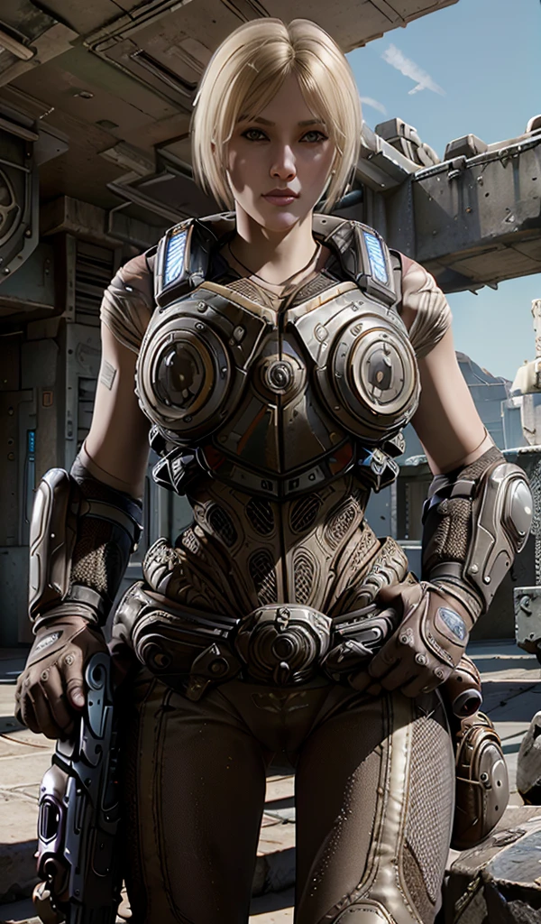 Anya Stroud. A beautiful blonde woman. Gears of war Female soldier. Half Short blonde hair. Naked arms. GEARS OF WAR female armor. Holding her gnasher shotgun and aiming ready to fire her enemies. Intricate detailed face. Aiming with shotgun, ready to fire. Wide hips. Strong complexion. In a mission. Gears sexy. heavy steel Armored bodysuit. Gears of war Female soldier. Gears of war universe. blue little lights on armor 