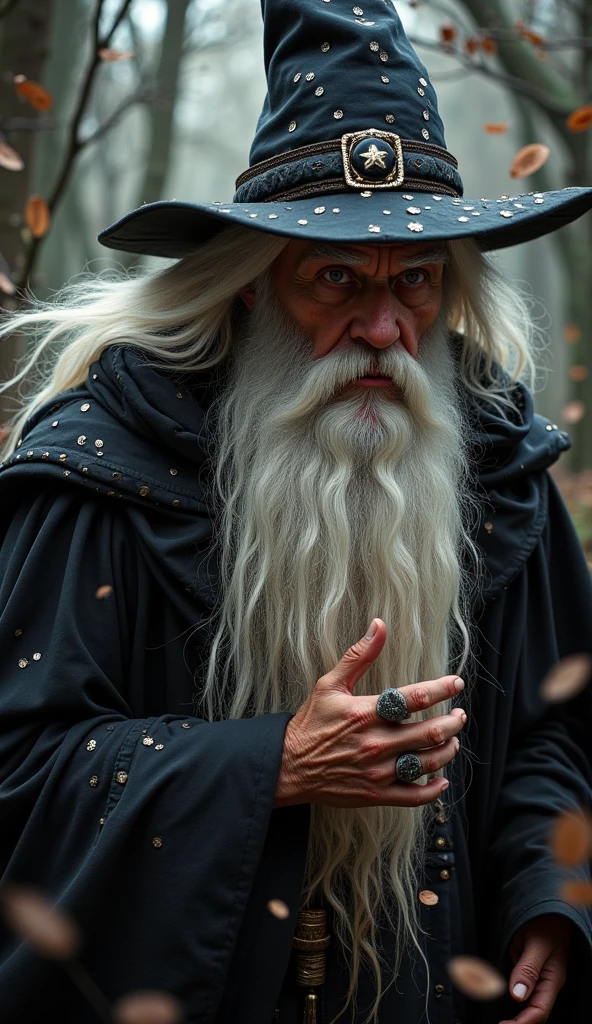 one old male Powerful sorcerer named Sorcerer, Long White Beard and long white hair, Intense eyes, with Dark mystical in head, wearing Black robe and a wizard hat ,wearing Flowing black pants, , Art by Alphons Mucha, Clayton Crain, Stjepan Šejić, interactive image, highly detailed.
