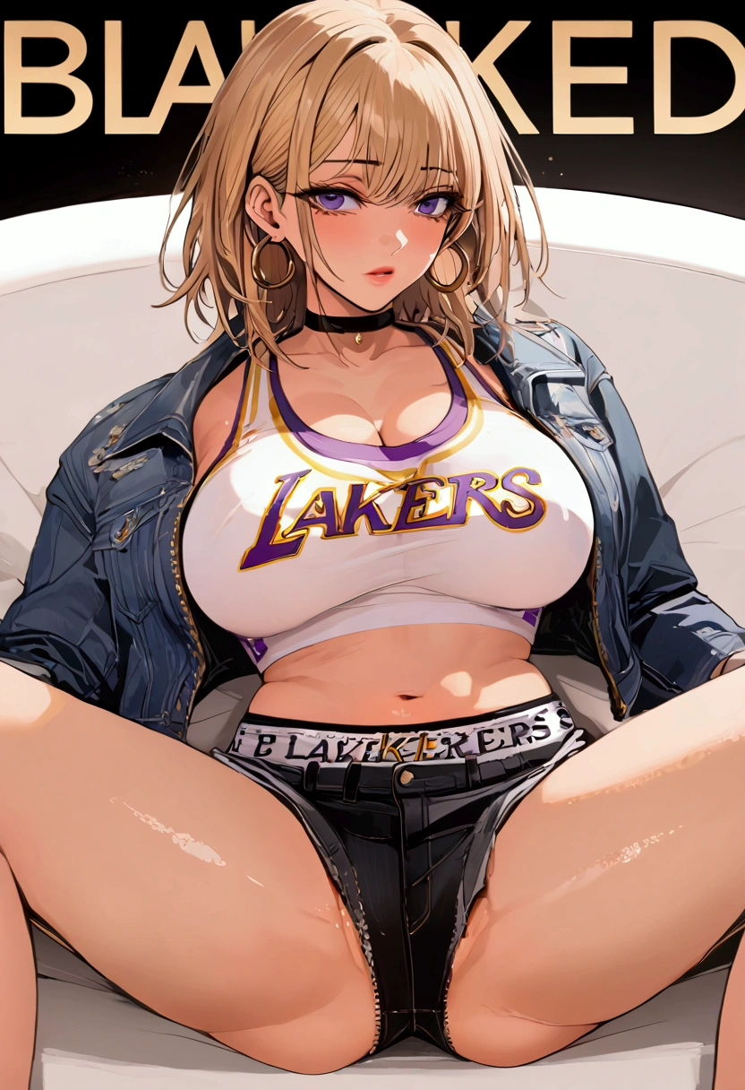 milf busty dirty blonde with short hair, wearing a Lakers crop top under a black denim jacket and black denim short shorts, and white sneakers, in a white room with a white couch, Blacked Cover, oversized gold hoop earrings, spreading legs, hands on the couch 