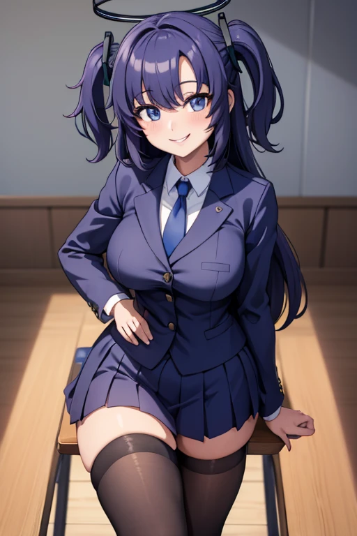 ((  best quality)), ((masterpiece)), ( super detailed),  School,uniform,Date,(halo),tie,female 1 person, standing,Smartphone, Knee Socks ,smile,smile,Hearts in your eyes,