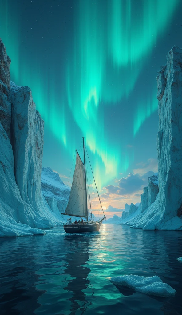 Under the starry Arctic night sky, our sailboat glides effortlessly amidst towering icebergs, their rugged facades glistening in the soft light of the Northern Lights' ethereal display. Phosphorescent hues of vibrant green, fiery red, and deep blue dance across the darkness, a breathtaking spectacle that bathes the surrounding ice floes in an otherworldly glow.