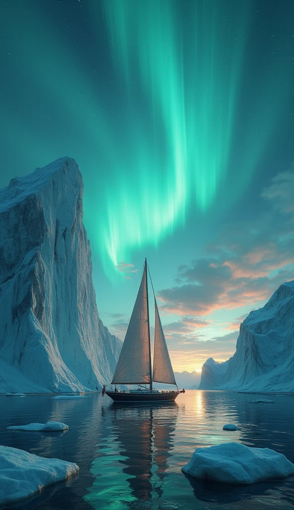 Under the starry Arctic night sky, our sailboat glides effortlessly amidst towering icebergs, their rugged facades glistening in the soft light of the Northern Lights' ethereal display. Phosphorescent hues of vibrant green, fiery red, and deep blue dance across the darkness, a breathtaking spectacle that bathes the surrounding ice floes in an otherworldly glow.