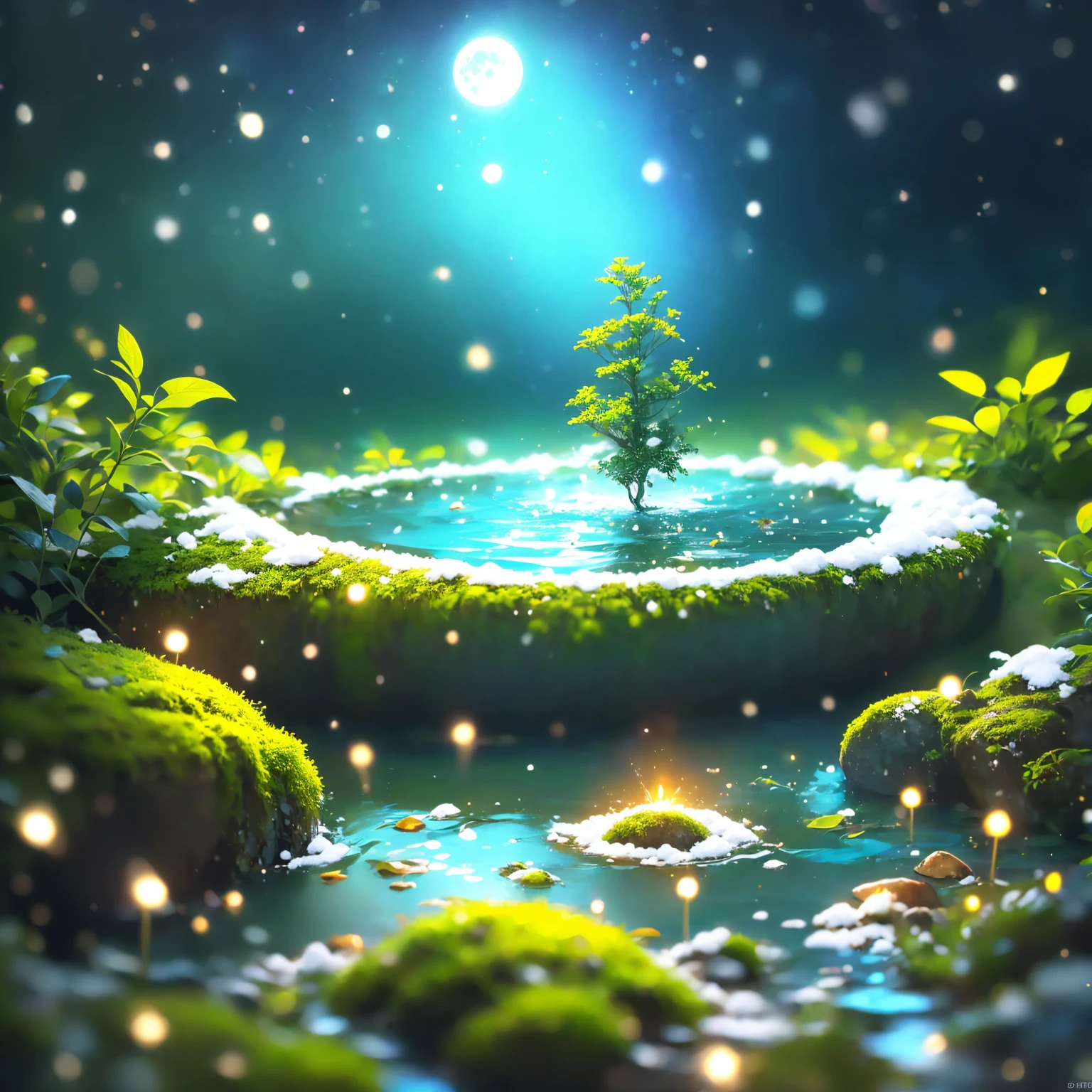 8K quality,(super masterpiece:1.3), best quality, detailed images,unmanned,(Small tree 々, lots of petals dance, fantastic waterfall,moss,水moss,lake,lake畔,full moon,Small Earth, starry sky ,background(Night Sky,Snow piled up, gradient ,In the water,Submersion,全てIn the water)).