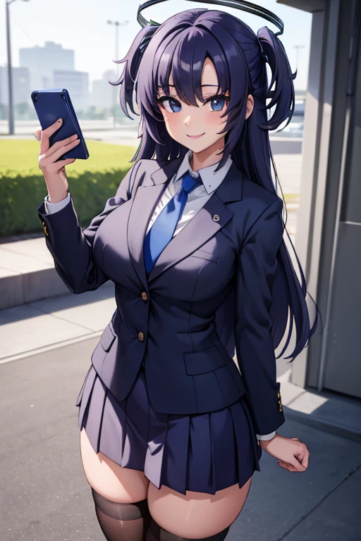 ((  best quality)), ((masterpiece)), ( super detailed),  School,uniform,Date,(halo),tie,female 1 person, standing,Smartphone, Knee Socks ,smile,smile,Hearts in your eyes, white shirt,