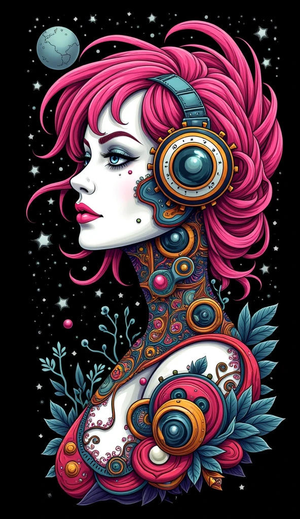 cshp, Futuristic Mechanical Elegance T-shirt design cyberpunk art, cute girl beautiful LADY, WHITE face, half body ILLUSTRATION with robotic steampunk design for old-school style tattoos, PINK HAIR, black BACKROUND, logo type , centred isometric
