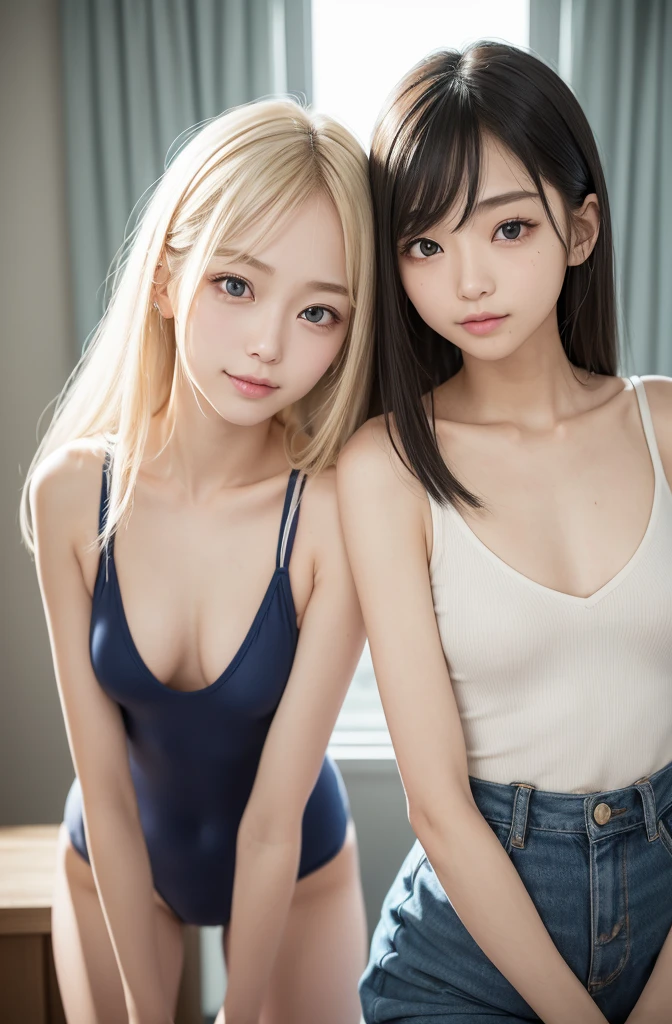 (Two girls of the same age:1.2) , couple focus, Adorable, Russian slender girl, Young features, Hair is blonde and platinum blonde,  Stand next to each other ,  both girls are naked((small tits)), (Smile:0.7),  (High color saturation:1.2), Best Quality, 超A high resolution, photographrealistic, ultra-detailliert, 8K, Raw photo, (thin areola, breasts are small:1),(skirt rift:1.0),(downbrouse:1)