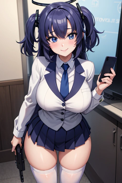 ((  best quality)), ((masterpiece)), ( super detailed),  School,uniform,Date,(halo),tie,female 1 person, standing,Smartphone, Knee Socks ,smile,smile,Hearts in your eyes, white shirt,have sub machine gun,