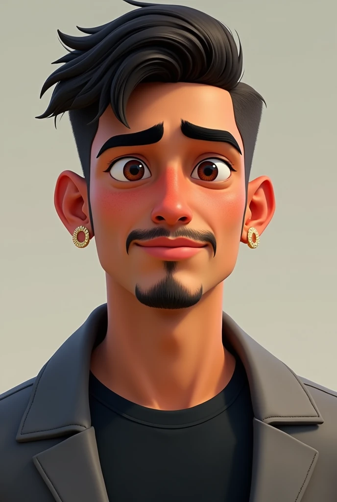 Avatar Pixar style , teenage man,   black t-shirt and gray coat.  straight dark brown hair ,  ,  skin tone  #b38b6d  ,   Brazilian and indigenous traits, mustache and goatee,   Looking forward,  professional position ,  Shorter hair ,   without smiling and a smaller ring  , Shorter hair,  most indigenous, Most juvenile ,  Looking forward
