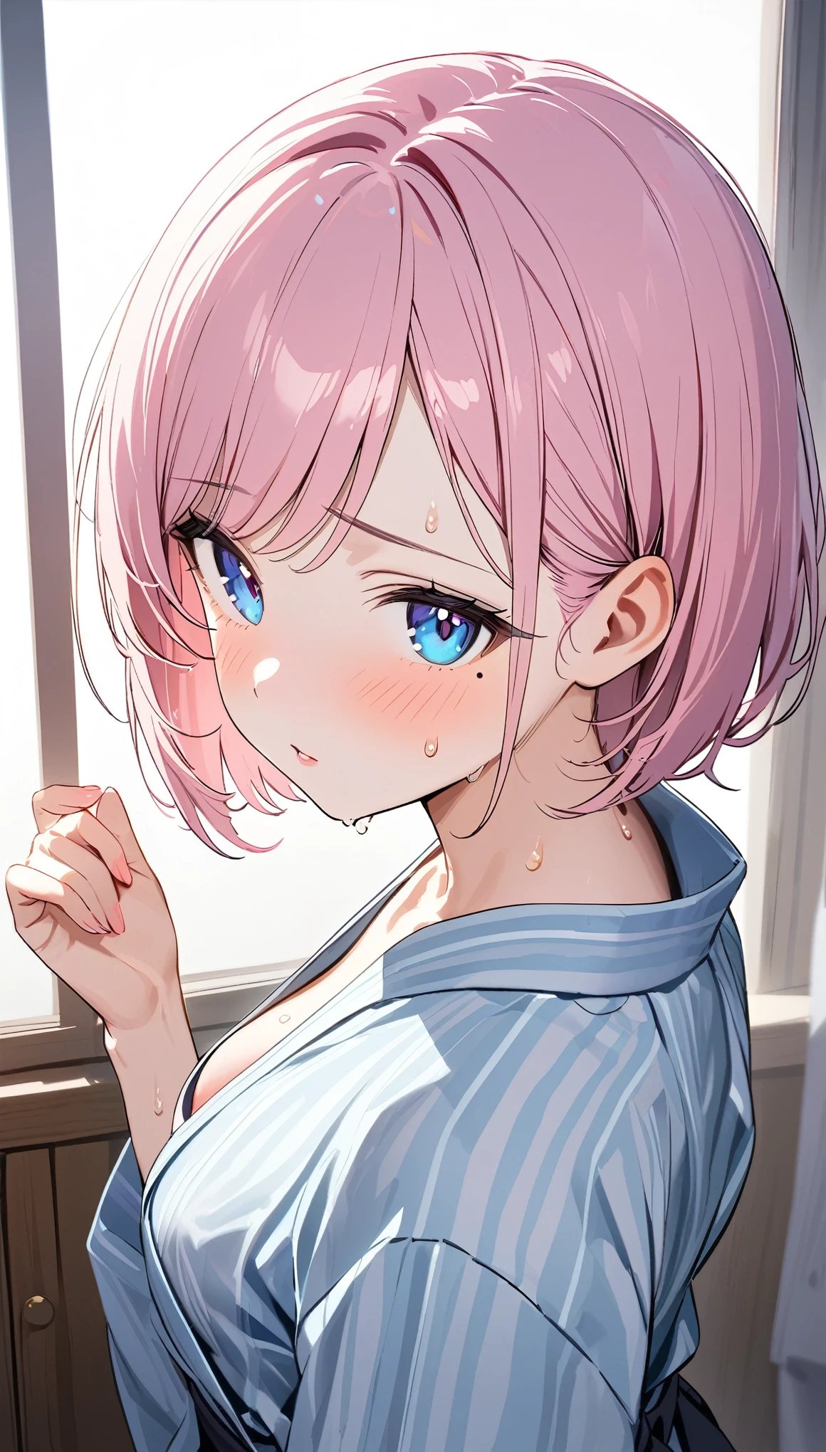 (1 girl),(Best Picture Quality, 8K, Masterpiece:1.3), (high  student:1.5), ((pink lob hair:1.1)), (bob cut),(swept bangs), (cute eyes, pupil black, iris skyblue, youthful face), (mole under right eye), (standard weight), (small breasts), (glistening skin:1.1),(pale skin:1.2),(hand on own nape),((yukata)),(portrait),((sweat:1.3)),(from above:1.2),(Nipple Slip).