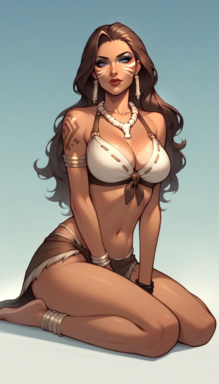 a close up of a woman with white paint on her body, commission for high res, giantess art, [ 4 k digital art ]!!, full art illustration, symmetra from overwatch, low detailed. digital painting, oc commission, extremely detailed woman, brittney lee, samira from league of legends, 1girl, breasts, jewelry, swimsuit, solo, brown hair, bikini, long hair, makeup, large breasts, earrings, blue eyes, necklace, barefoot, lipstick, cleavage, navel, sitting, eyeshadow,Pauline, Earrings, makeup, long brown hair, blue eyes, tanned, tattoo white,leopard loincloth, dark skin, dark tanned,Tribal, Tribal Body Paint, Tribal Face Paint, Tribal Tattoos, beaded necklace, bone necklace, bone earrings, bone bracelets, bangles, Fur Lined Tribal Crop Top, Fur Lined Tribal Skirt, Tribal Loin Cloth, More tattoos