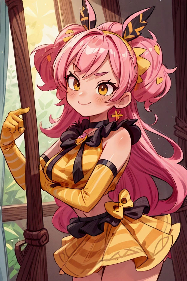 "Masterpiece, best quality, 1 girl melodie brawl stars, pink hair, pronounced eyebrow mascara, big bow, elbow gloves, black crop top, fur stole, choker, standing indoors with intricate details and sunlight. black orange and yellow frilled long dress striped with short neckline, Sweet smile, sexy pose, coquette, beautiful legs, mature body, gorgeous, pronounced breasts

