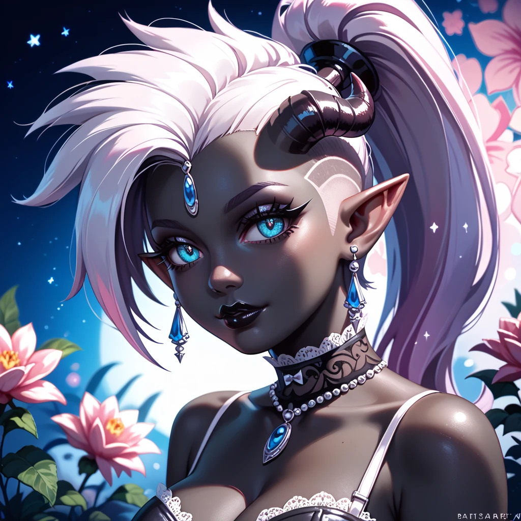 score_9, score_8_up, score_7_up, ((Masterpiece)), ((highres)), ((1person, 1girl, 1female)), Random poses, beautifully detailed succubus girl, ((white mohawk w/ponytail)), defined elf ears with ear guages, defined eyes, pastel iris, long eye lashes, defined nose, black lipstick, curvy, lace, (((Black skin))), black demon horns, breasts, night sky, pastel gothic style, gothic style art, gothic asthetic, (((gothic black floral background))), bust shot