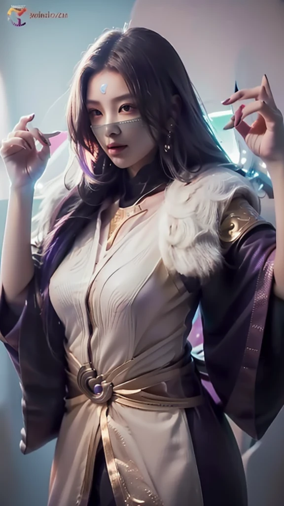 1girl,(masterpiece:1.4, best quality),medium breasts,(intricate details),unity 8k wallpaper,ultra detailed,(pastel colors:1.3),beautiful and aesthetic,detailed,solo, purple hair, luo_yi_ml, mouth veil 