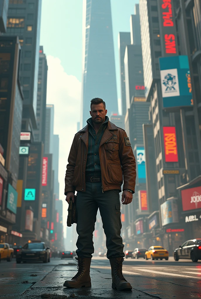 (8k unit wallpaper CG extremely detailed, masterpiece, best quality, ultra-detailed), (((solo)))), ((extremely wide shot:1.15)), a man on a bridge looking at a scifi city in the distance in the background, ((back view)), ((full body)), (high detail), (intricate details), intricate, magnificent scene, detailed environment, highly detailed environment, illustrator, (masterpiece), dystopian city