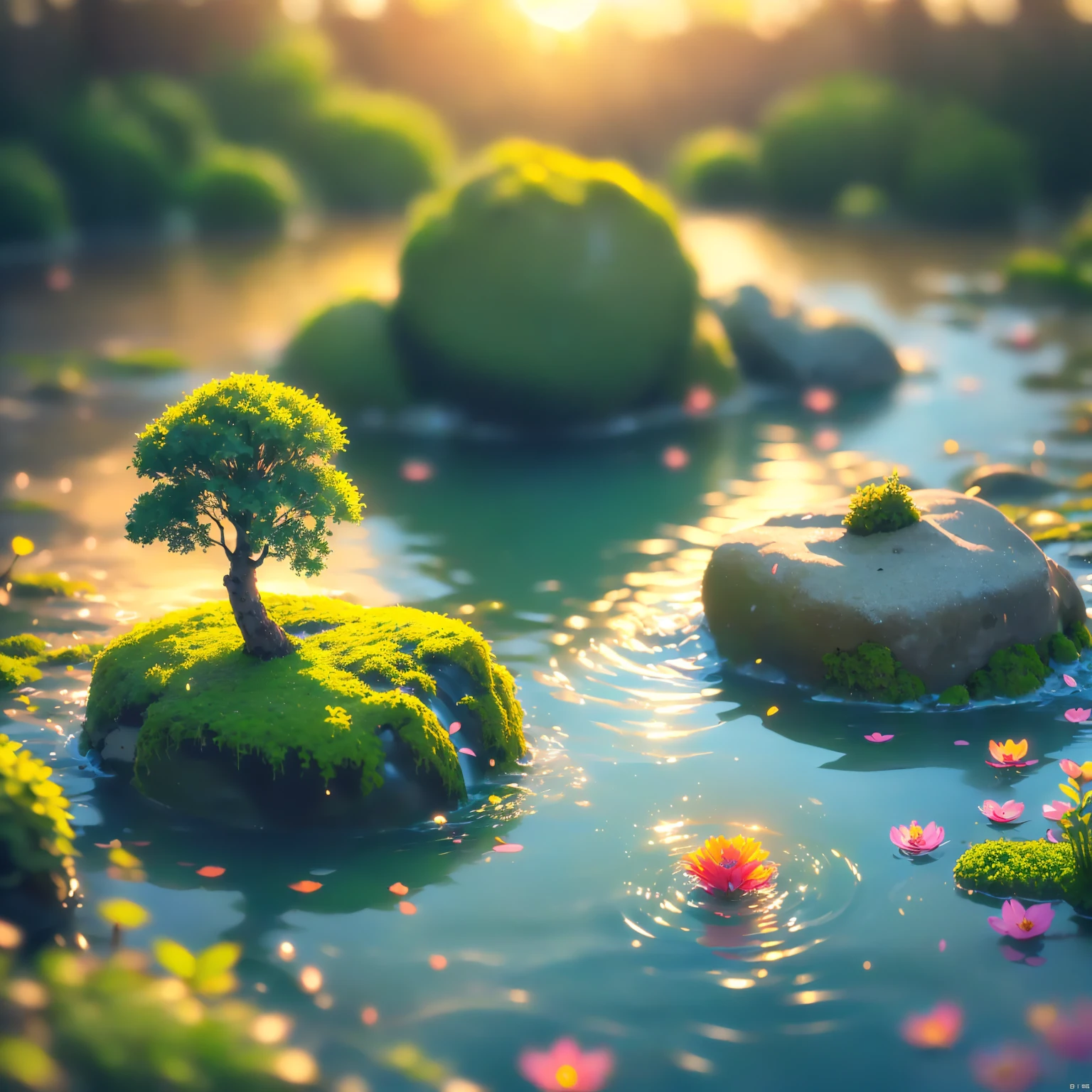 8K quality,(super masterpiece:1.3), best quality, detailed images,unmanned,(Small tree 々, lots of petals dance, fantastic waterfall,moss,水moss,lake,lake畔,background(sunset,sunsetの空, gradient ,In the water,Submersion,全てIn the water)).