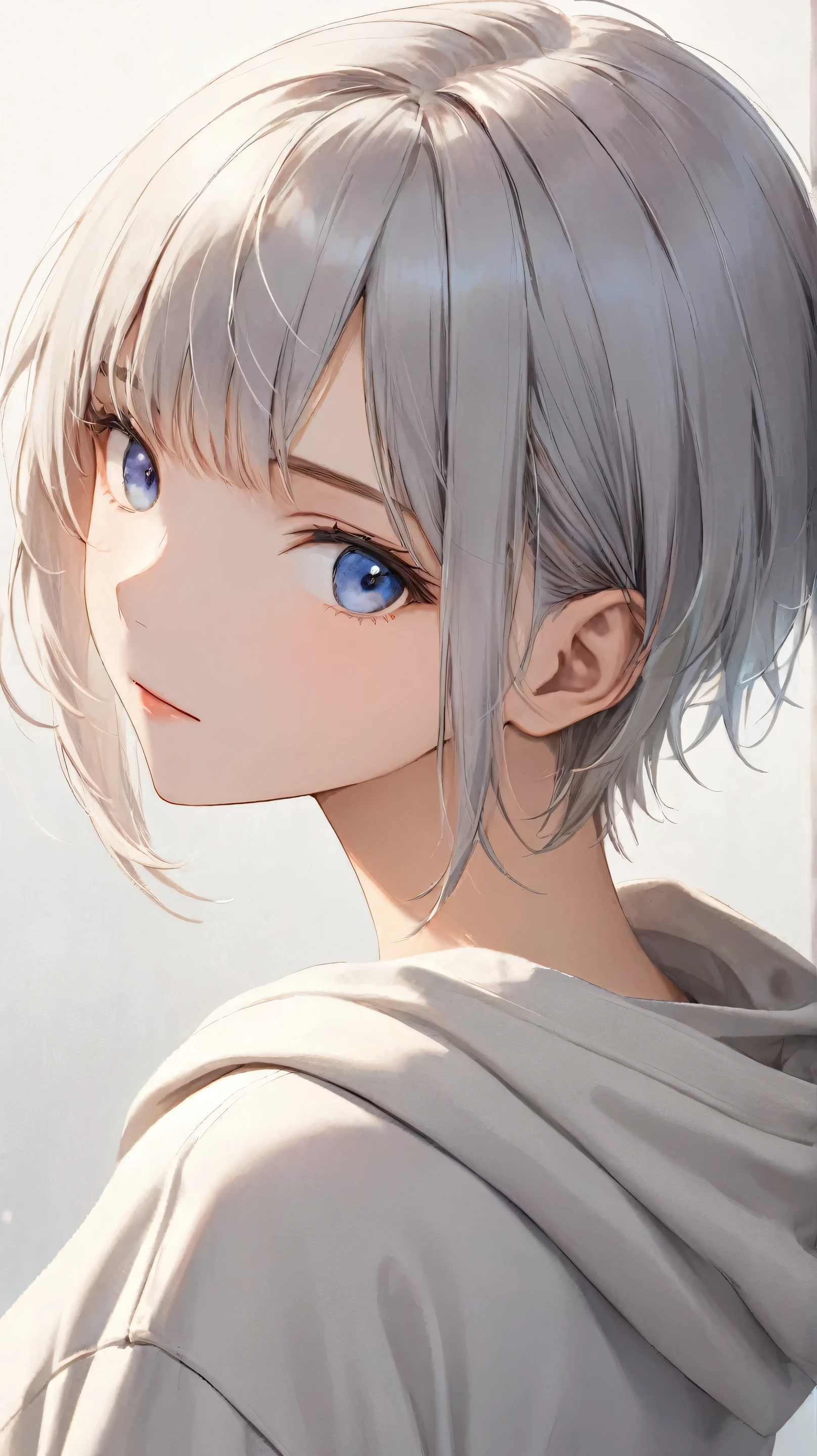 short, slightly tousled light gray hair with a faint bluish tint, sleek and casual hairstyle with soft layers, boyish and androgynous charm, calm and introspective young woman, short textured bangs, layered and tousled long nape, asymmetrical bangs, soft side-swept fringe, modern and minimalistic style, oversized hoodie or casual t-shirt, ethereal and mysterious atmosphere, vibrant colors, soft natural lighting, (pixie cut with extended nape:1.5), (flowing back hair:1.4), (forehead partially covered:1.3), (light fringe on forehead:1.2), (cute face:1.3), (beautiful detailed face:1.2), (long nape:1.7), (full front view:2.0), (face shot:2.0), (slightly lower framing:1.2), (showing torso and face:1.3)