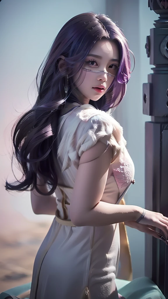 1girl,(masterpiece:1.4, best quality),medium breasts,(intricate details),unity 8k wallpaper,ultra detailed,(pastel colors:1.3),beautiful and aesthetic,detailed,solo, purple hair, luo_yi_ml, mouth veil 