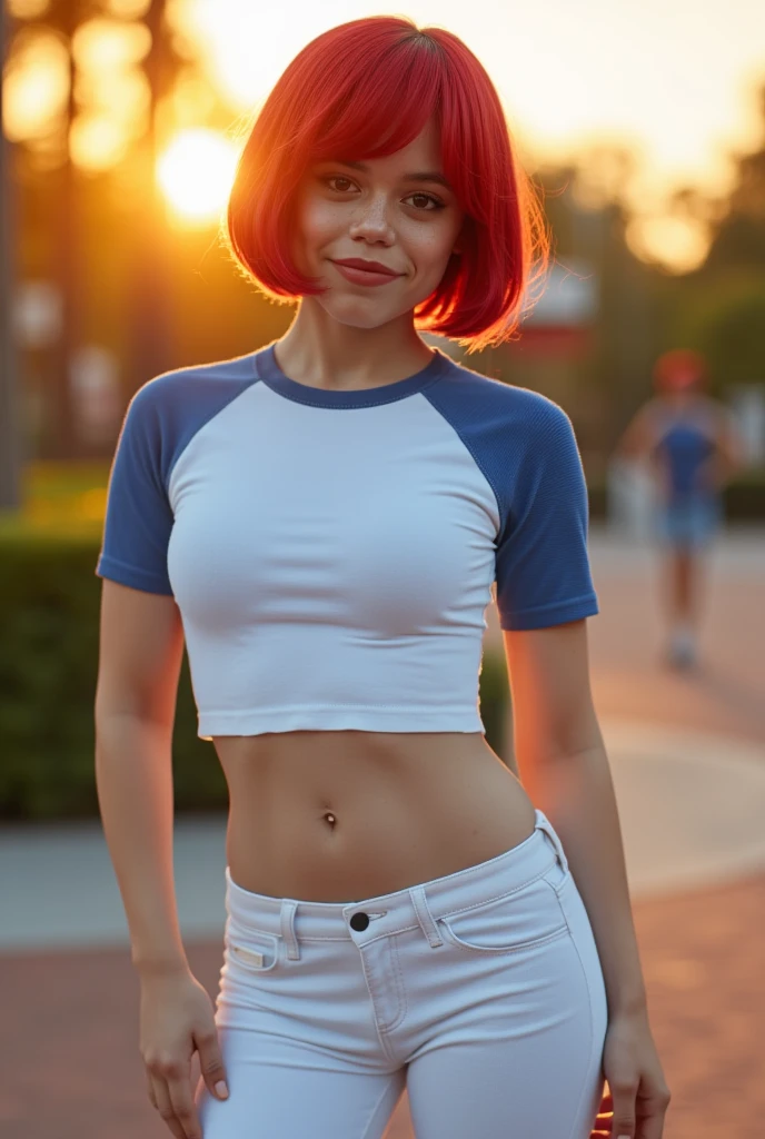 Create a hyper-realistic, cinematic-quality image of Jenna Ortega ((j3nnaort3ga)) cosplaying as Gwen Tennyson from Ben 10. Jenna embodies Gwen with ultra-realism, capturing her iconic look with ((ultra quality)) and ((tmasterpiece)) detail. Her hair is styled in Gwen's signature red, extremely short cut, framing her beautiful, cute face. Her beautiful female lips are full and inviting, with a charming, aroused expression as she looks directly at the camera with a gentle, alluring smile. Her dark green eyes are slightly closed, exuding both confidence and sensuality.

Jenna's skin is a realistic white tone, with a natural body glare that enhances her perfect female figure. Her beautiful female hands are delicate yet strong, and her gorgeous big thighs and beautiful little breasts are subtly emphasized, maintaining a balance of subtle and beautiful sensuality. She is dressed in Gwen's iconic outfit: tight white pants and a white T-shirt with blue sleeves, the fabric's textures rendered with meticulous detail to ensure authenticity.

The background is set in a city park during a beautiful sunset, the warm, golden light casting a soft glow over the scene. The depth of field is expertly managed to draw attention to Jenna, with a high quality, clear image that boasts crisp details and is ((higly detailed)). The lighting is professional, akin to a Photo Session, with clear focus on every aspect of the image, from Jenna's expression to the intricate details of her outfit and the surrounding environment.

This prompt is designed to generate a photorealistic, cinematic-quality image of Jenna Ortega as Gwen Tennyson, capturing the essence of the character with striking realism and attention to detail, set against a beautifully rendered, realistic anime-inspired backdrop.
