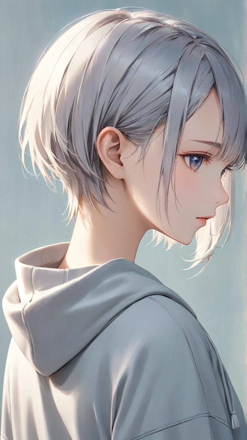 short, slightly tousled light gray hair with a faint bluish tint, sleek and casual hairstyle with soft layers, boyish and androgynous charm, calm and introspective young woman, short textured bangs, layered and tousled long nape, asymmetrical bangs, soft side-swept fringe, modern and minimalistic style, oversized hoodie or casual t-shirt, ethereal and mysterious atmosphere, vibrant colors, soft natural lighting, (pixie cut with extended nape:1.5), (flowing back hair:1.4), (forehead partially covered:1.3), (light fringe on forehead:1.2), (cute face:1.3), (beautiful detailed face:1.2), (long nape:1.7), (full front view:2.0), (face shot:2.0), (slightly lower framing:1.2), (showing torso and face:1.3)