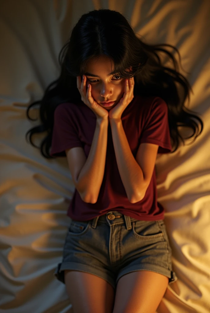 A depressed Woman sitting on the bed in her room.