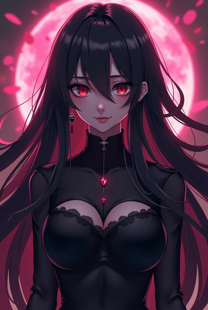 Expressionless,,(Dark Fantasy),((Wonderful Illustration)),(Detail Splash), long black hair, red pupils, girl, pure black dress, only the collar, cuffs and skirt are dark red, ears Pinned to the side is a red butterfly barrette, masterpiece, best quality, high quality, headpiece,, red and black crystal necklace, black knee socks