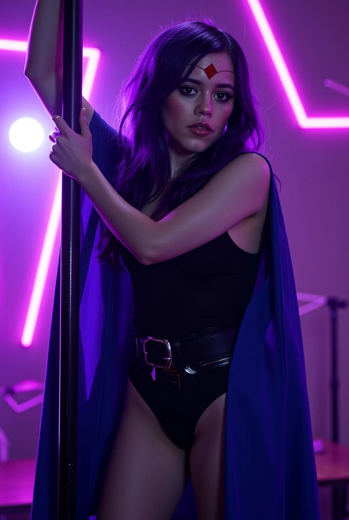 "Create a hyper-realistic, cinematic-quality image of Jenna Ortega ((j3nnaort3ga)) cosplaying as Raven from the DC Comics series Teen Titans. Jenna embodies Raven's iconic look with striking authenticity. Her grey skin is rendered with lifelike detail, and she wears a sleek black leotard that accentuates her perfect female figure. A belt cinches her waist, and she is draped in a flowing blue cloak and blue cape, adding depth and movement to her silhouette.

Her purple hair cascades down her shoulders, and a red forehead jewel adds a mystical touch to her appearance. Jenna's lips are full and sensual, completing her transformation into the enigmatic Titan. She is captured in a dynamic pose, holding a pole with a strength and grace that highlights her pole dancing skills, set against a backdrop of purple lights that create a cyberpunk nightclub atmosphere.

The scene is lit with a combination of neon and ambient light, casting dramatic shadows and highlights that enhance the cinematic quality of the image. The cyberpunk nightclub setting is detailed and immersive, with futuristic elements that add to the overall realism and atmosphere. The lighting is carefully crafted to highlight Jenna's features and the textures of her costume, with a depth of field effect that draws the viewer's eye to her face and the intricate details of her outfit.

Every element of this image is rendered with ultra quality and professional photo session standards, focusing on realistic textures and subtle beauty. The final result is a photorealistic portrayal of Jenna Ortega as Raven, capturing the essence of the character with striking realism and attention to detail.

This prompt is designed to generate a detailed, tasteful, and photorealistic image, blending the iconic elements of Raven with the stunning realism and beauty of Jenna Ortega, resulting in a truly captivating and lifelike cosplay portrayal."