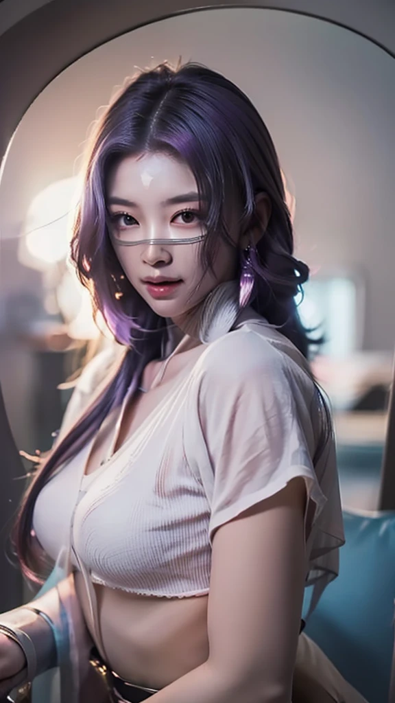 1girl,(masterpiece:1.4, best quality),medium breasts,(intricate details),unity 8k wallpaper,ultra detailed,(pastel colors:1.3),beautiful and aesthetic,detailed,solo, purple hair, luo_yi_ml, mouth veil 