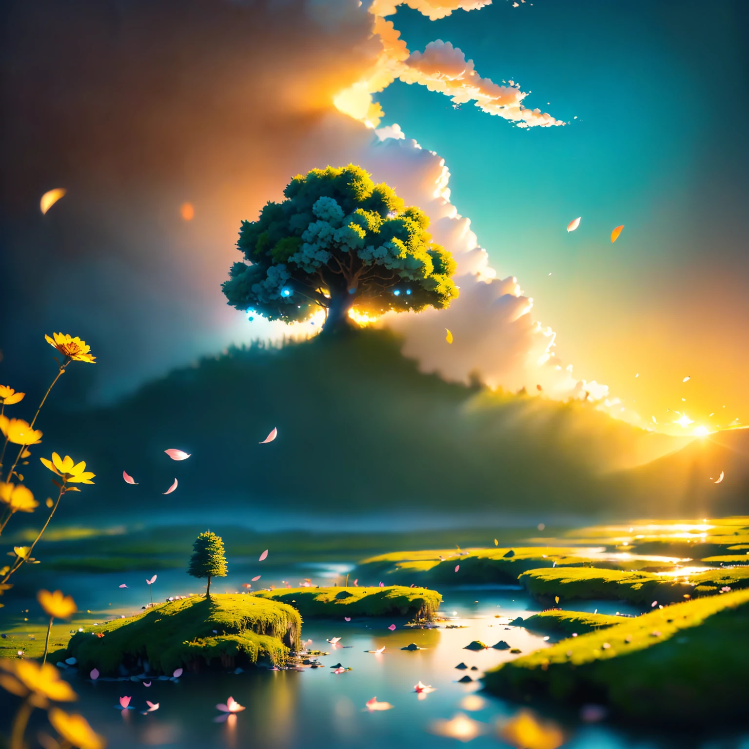 8K quality,(super masterpiece:1.3), best quality, detailed images,unmanned,(Small tree 々, lots of petals dance, fantastic waterfall,small ship,moss,水moss,lake,lake畔,background(sunset,sunsetの空,cloud, gradient )).