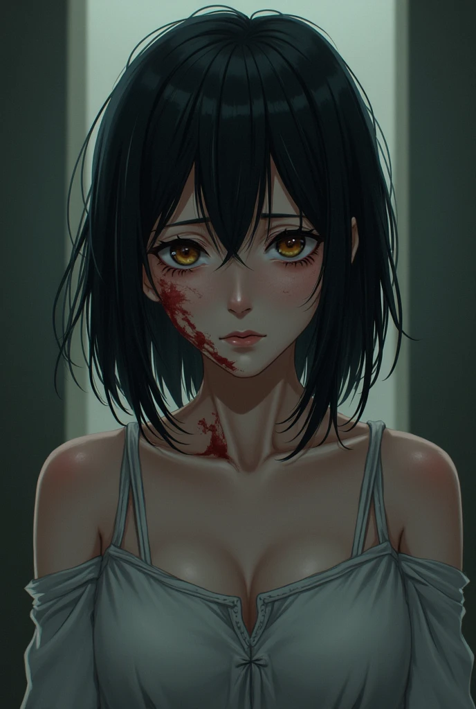 (mieruko:1.3), 1girl, scared, tears, sweat drips, yellow detailed eyes, long black hair, big eyes, (open mouth:0.1), detailed pupils, hdr shadows, bra, ((((pain)))), (((blood))), (((tortured))), ((upper body))), ((collar)), ((enslaved)), ((ballgag)), bondage