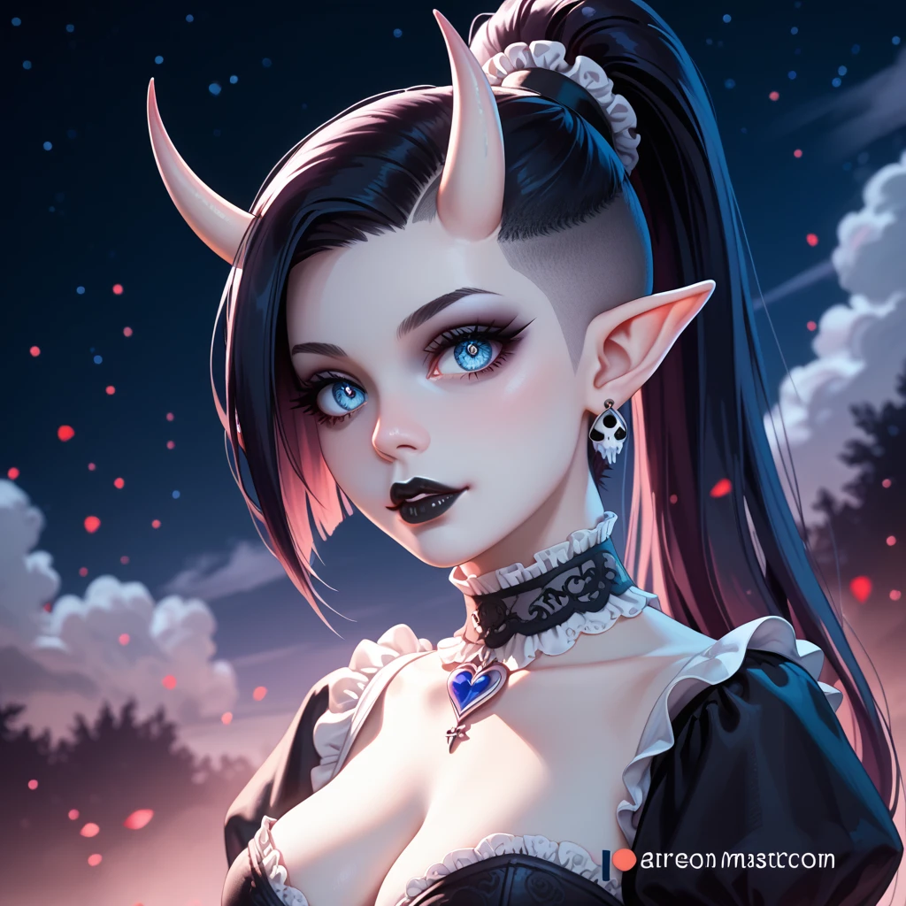 score_9, score_8_up, score_7_up, ((Masterpiece)), ((highres)), ((1person, 1girl, 1female)), Random poses, beautifully detailed succubus girl, ((white buzz cut w/ponytail)), defined elf ears with ear guages, defined eyes, pastel iris, long eye lashes, defined nose, black lipstick, curvy, lace, (((Black skin))), black demon horns, breasts, night sky, pastel gothic style, gothic style art, gothic asthetic, (((gothic horror background))), bust shot