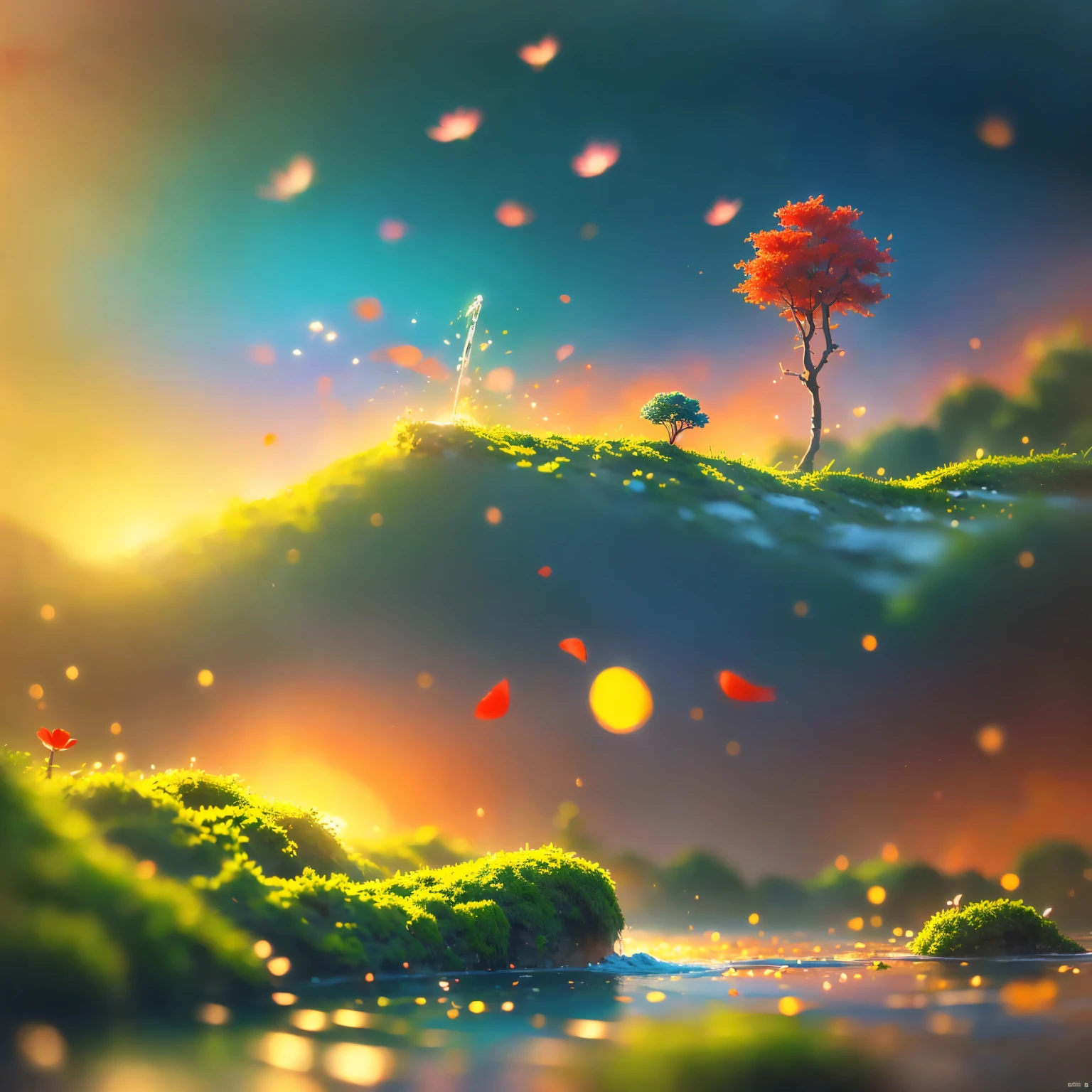 8K quality,(super masterpiece:1.3), best quality, detailed images,unmanned,(Small tree 々, lots of petals dance, fantastic waterfall,small ship,moss,水moss,lake,lake畔,background(sunset,sunsetの空,cloud, gradient )).