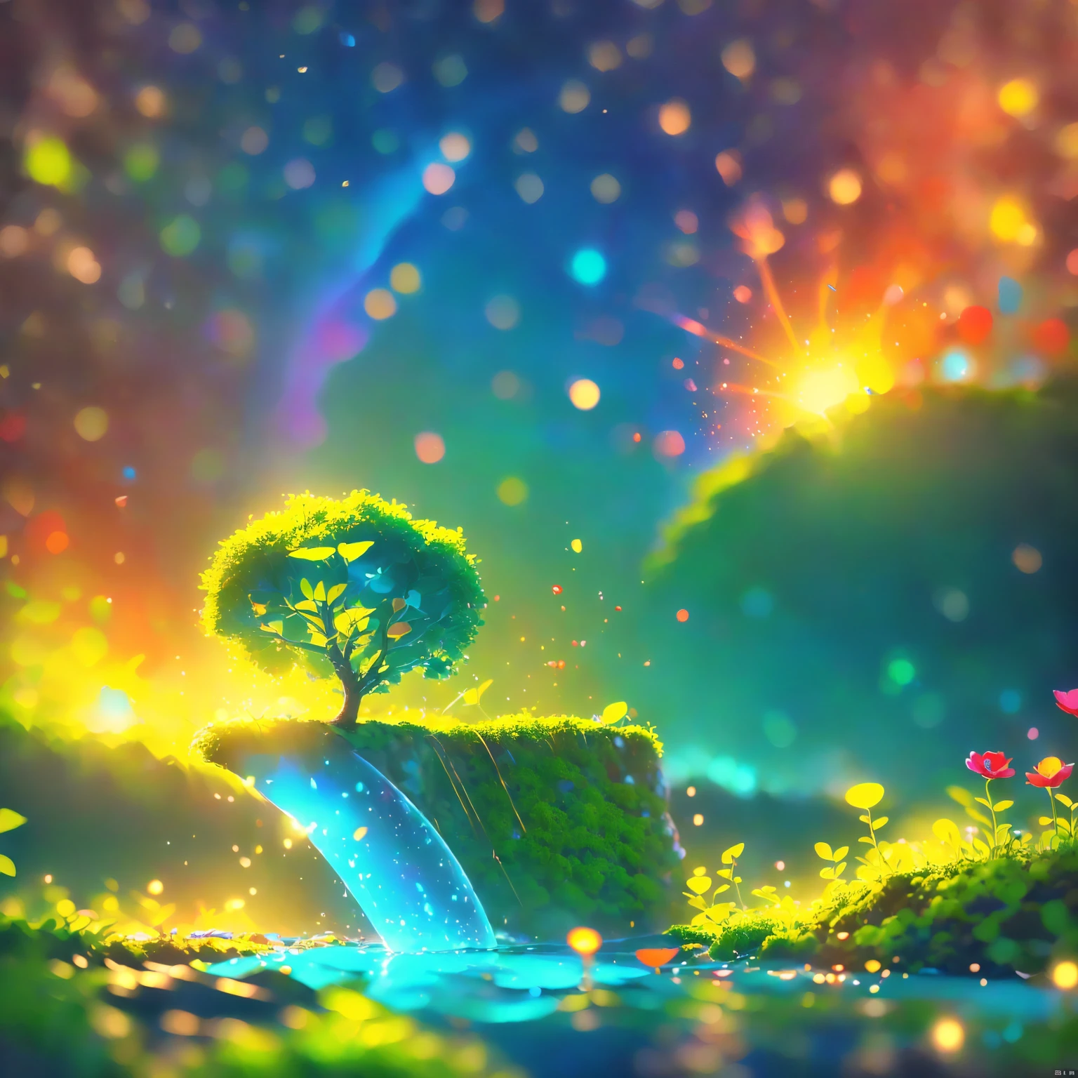 8K quality,(super masterpiece:1.3), best quality, detailed images,unmanned,(Small tree 々, with lots of petals dancing,A fantastic waterfall in the center,small ship,moss,水moss,lake,lake畔,background(sunset,sunsetの空,cloud, starry sky , gradient )).