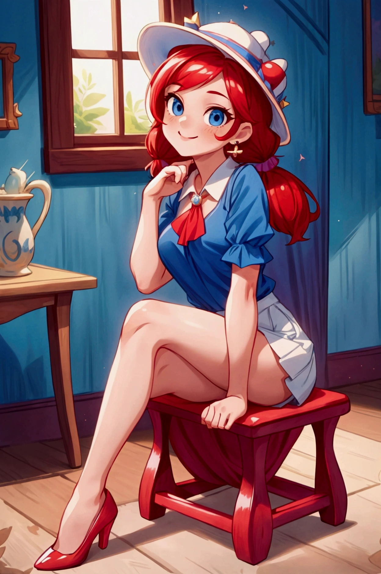 (masterpiece, best quality), 1girl, blue blouse with short neckline, white short skirt, red hair, two ponytails, cute face, blue eyes, sitting with legs crossed, indoor, intricate detail, sunlight, elegant little hat, sexy pose, red heels shoes, earrings, elegant hand watch, smile, coquette, gorgeous legs, mature teenager body, lovely, gorgeous body, pronounced breasts