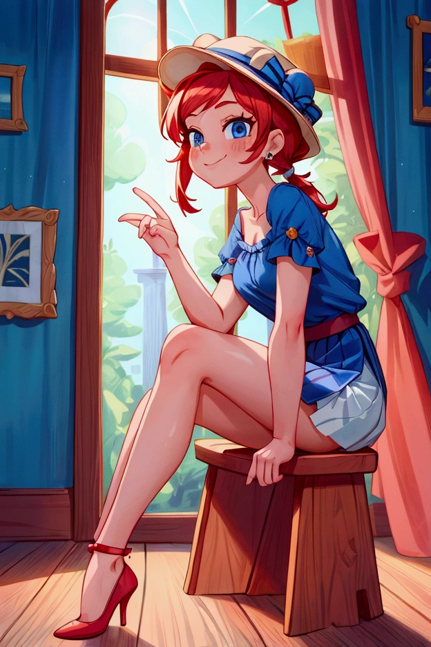 (masterpiece, best quality), 1girl, blue blouse with short neckline, white short skirt, red hair, two ponytails, cute face, blue eyes, sitting with legs crossed, indoor, intricate detail, sunlight, elegant little hat, sexy pose, red heels shoes, earrings, elegant hand watch, smile, coquette, gorgeous legs, mature teenager body, lovely, gorgeous body, pronounced breasts