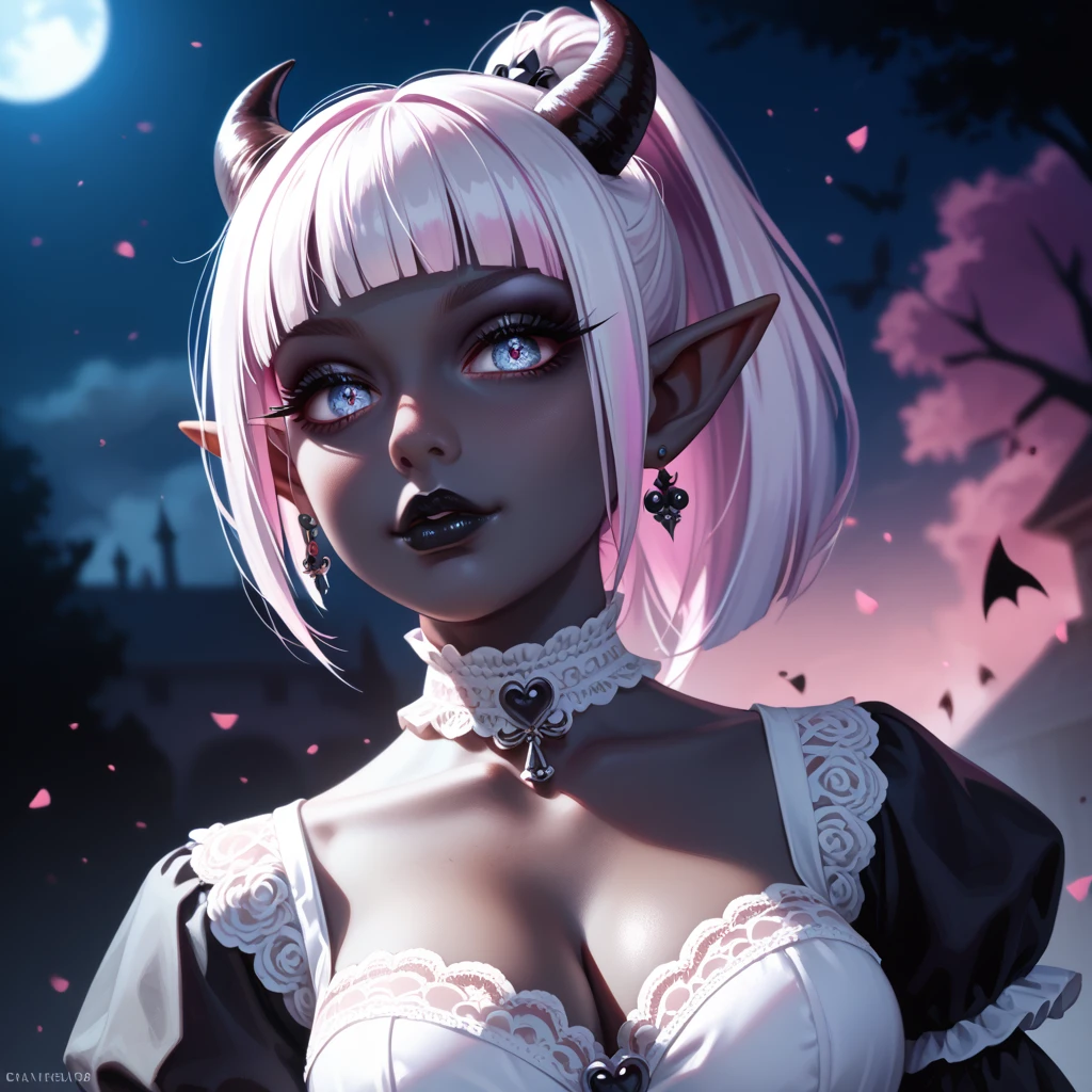 score_9, score_8_up, score_7_up, ((Masterpiece)), ((highres)), ((1person, 1girl, 1female)), Random poses, beautifully detailed succubus girl, ((white short buzz cut w/ponytail)), defined elf ears with ear guages, defined eyes, pastel iris, long eye lashes, defined nose, black lipstick, curvy, lace, (((Black skin))), black demon horns, breasts, night sky, pastel gothic style, gothic style art, gothic asthetic, (((gothic horror background))), bust shot