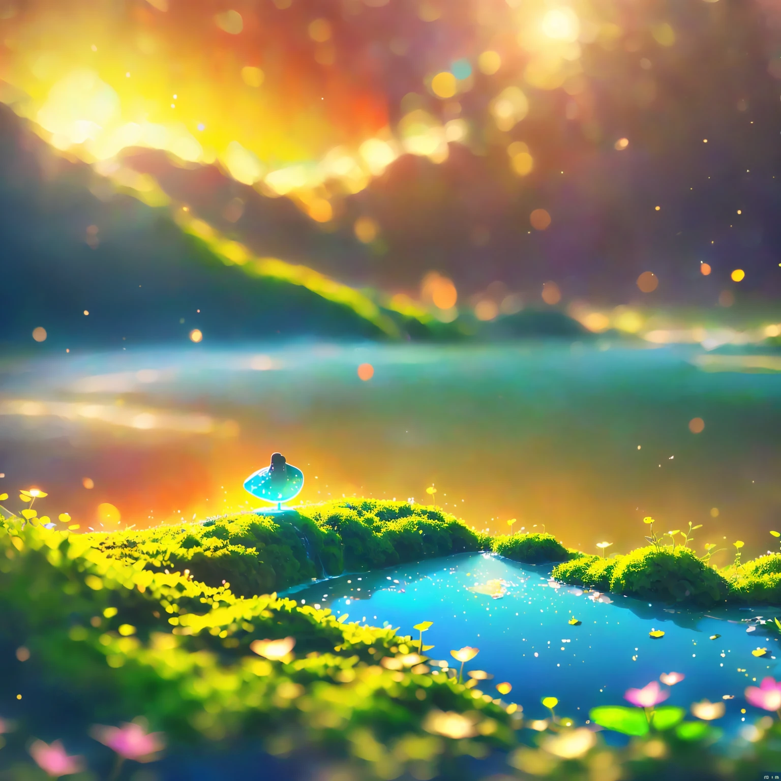 8K quality,(super masterpiece:1.3), best quality, detailed images,unmanned,(Small tree 々, with lots of petals dancing,A fantastic waterfall in the center,small ship,moss,水moss,Lake surrounded by hills ,Lake surrounded by hills 畔,background(sunset,sunsetの空,cloud, starry sky , gradient )).