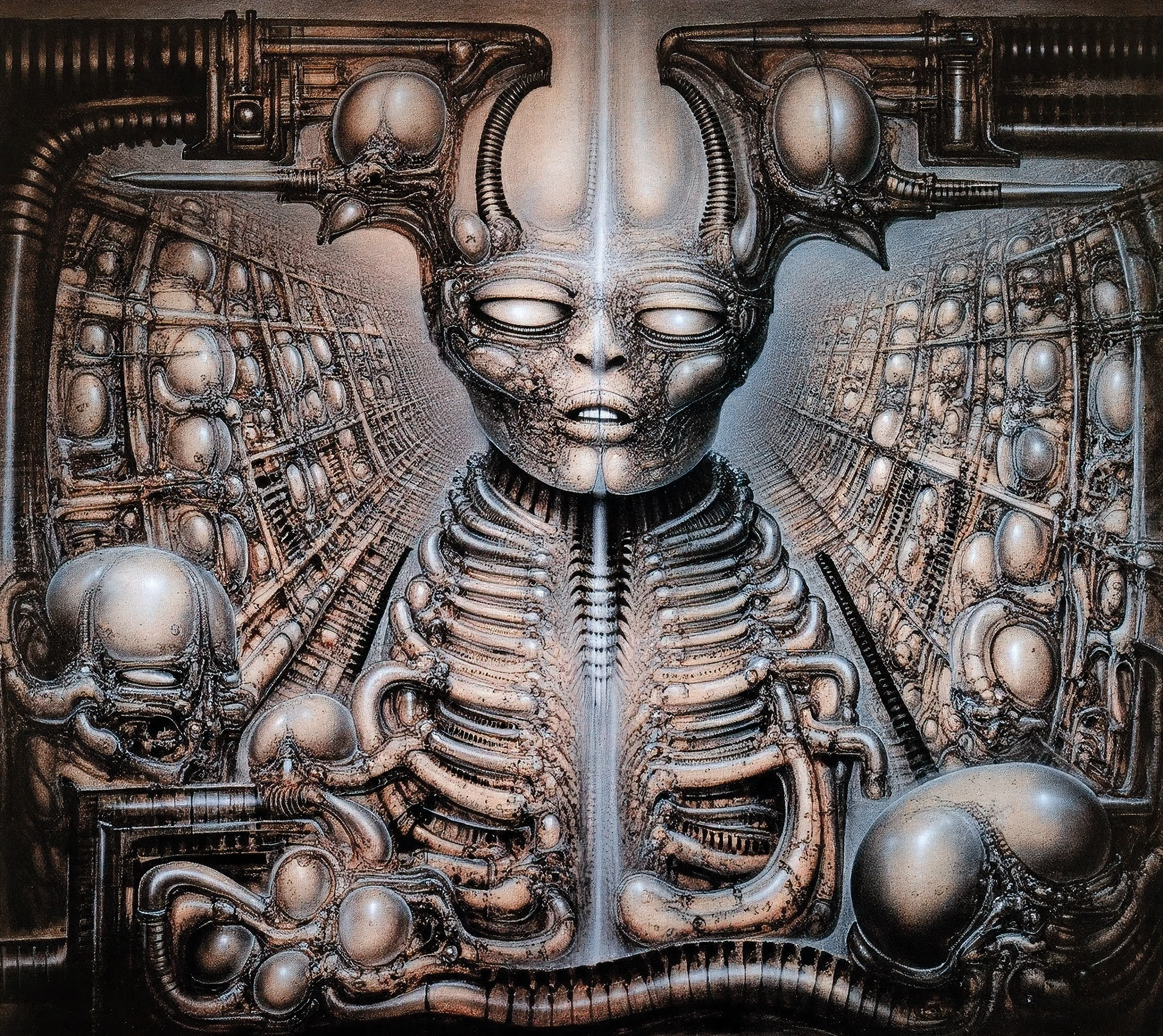 H. R. Giger's g1g3r, , Giger_style, H. R. Giger's g1g3r, , Giger_style, The image is a detailed view of H.R. Giger's \" HRG NY CITY \" plate, featuring ( HRGGR, The image is a detailed view of H.R. Giger's biomechanical tableau \" LANDSCAPE No 312 \" plate, featuring a pencil sketch on antique plot that depicts curse of Solomea in unmaskable Giger's style.The artwork depicts a labyrinthine network of interconnected tubes and pipes, creating a sense of claustrophobia and decay. The intricate details and the monochromatic color palette evoke a sense of mystery and unease. Central Figure: A skeletal figure, possibly Solomea herself, could be the focal point. Her form should be twisted and distorted, with a skeletal frame overlaid with biomechanical elements. Surrounding Environment: The figure should be surrounded by a labyrinthine network of tubes and pipes, reminiscent of Giger's signature style. These structures could be overgrown with fleshy, organic forms, suggesting decay and corruption. Color Palette: A monochromatic palette of dark grays and blacks would create a sense of foreboding and mystery. Consider adding subtle hints of red or green to highlight certain details or to evoke a sense of decay. Lighting: Use dramatic lighting to create a sense of depth and atmosphere. A single, harsh light source could cast long, distorted shadows, adding to the overall sense of unease. Symbolism and Storytelling: The Curse: The skeletal figure could be depicted in a state of torment, perhaps clawing at its own flesh or contorted into an unnatural position. This could symbolize the physical and psychological suffering caused by the curse. The Labyrinth: The labyrinthine network of tubes and pipes could represent the labyrinthine nature of the curse itself, trapping the victim in an endless cycle of suffering. ), (Proportion:1.1), , (Reflected light:1.2), Parchment, ultra detailed, intricate,, (best quality:1.4), H.R. GIGER, BY GIGER