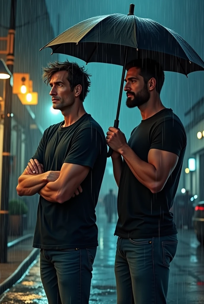 there are two men standing next to each other with a hose, 2 muscular attractive men, faaris azura and his boyfriend, handsome faaris azura