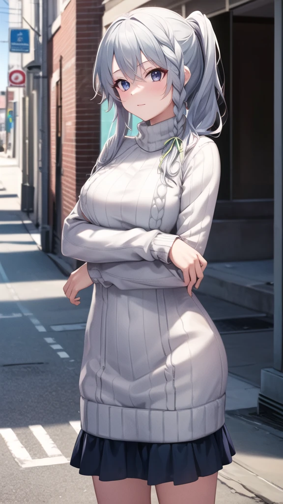 masterpiece, best quality, highres, aasora, braid, long hair, side ponytail, hair ribbon, (sweater dress:1.1), virgin killer sweater, ribbed sweater, turtleneck, street, standing, cowboy shot