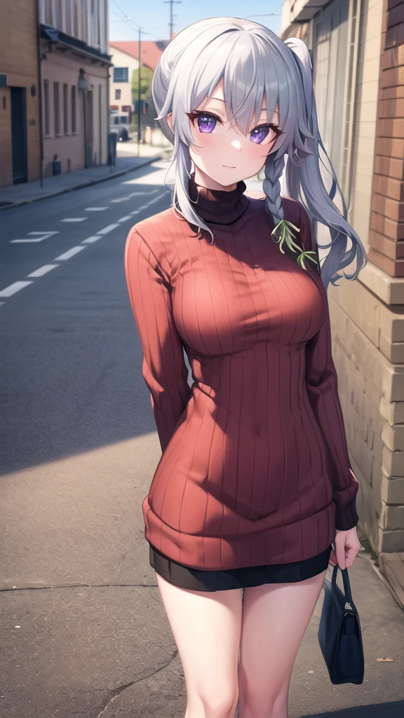 masterpiece, best quality, highres, aasora, braid, long hair, side ponytail, hair ribbon, (sweater dress:1.1), virgin killer sweater, ribbed sweater, turtleneck, street, standing, cowboy shot