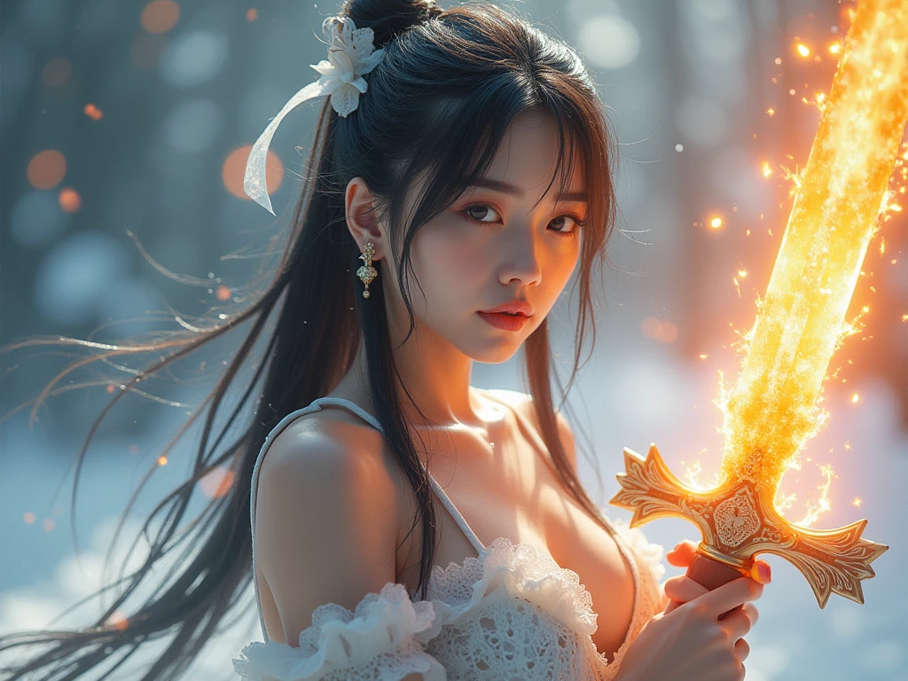 Age 16, Young girl, ((masterpiece)), ((best quality)), (ultra-detailed), ((extremely detailed)), long hair, black hair, hair ornament, red eyes, pretty makeup face, Cultivator female, Fight Cloth, holding sword, Red Glowing Sword, glowing sword, standing, Standing in Action, Full body View, hair ornament, breezy hair, black robe, sweeping black leather trench, breezy weather, (unusual pupils), (glowing eyes), (magic eyes), bursting aura, amazing scenery, mountain background, ground shatter, grey themed background, evening, cloudy sky, red bursting energy aura, closed mouth, serious expression, serious eyes, battle ready pose, looking at viewer, slim body, slim build, fog, (expressive eyes, striking eyes, reflective eyes, detailed eyes), ((highly detailed, fine details, high contrast, clear line art, detailed illustration, very fine lines, colored background, perfectly sensual, high quality, spot color, bright background colors, best quality, beautiful detailed, clear illustration, very detailed, high quality, masterpiece, pixiv, highres, official artwork, best aesthetic, rim lighting, directional lighting, soft lighting, cinematic effect, smooth lineart, ethereal art, sharp focus, clean lineart, clear lineart))((solo, 1girl))(dynamic angle, great angles)(visual appeal)(distinctive features, meticulous shading, memorable scenes, flawless, professional illustration, natural shadows, high definition)(intricate costume, intricate line work, meticulous strokes, rich atmospheric piece illustration), (relatable, memorable, artistically unique), (subtle highlights, color blending), brush strokes, modern digital art, semi-realism,