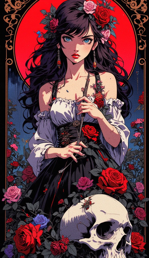 1 Girl,  Art Nouveau, black skirt,  dark hair, black Rose, Blood,  blue eyes, blue Rose, flower束, 茶flower, fork, skirt, flower, holding flower, Lips, Lipstick, Long hair,  look at the audience , cosmetic, moon, flower瓣, pink flower, pink Rose, plant, purple flower, purple Rose, red flower, red Lips, red moon, red Rose, Rose, Rose flower瓣, Rose print, skull,  unique, lily, thorns, flower瓶, white flower, white Rose