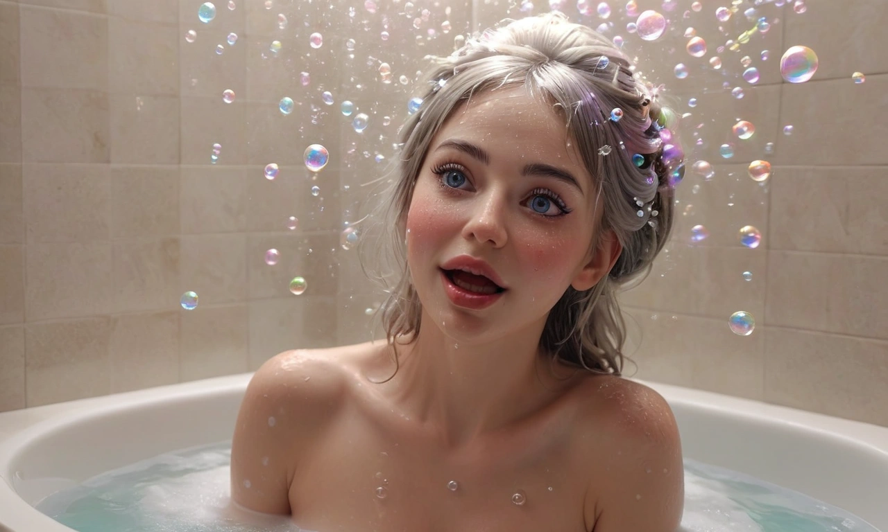 a cute naked woman bathing, magical colorful bubbles swirling around her, giggling gnome hiding in the corner, modern bathroom, (best quality,4k,8k,highres,masterpiece:1.2),ultra-detailed,(realistic,photorealistic,photo-realistic:1.37),beautiful detailed eyes,beautiful detailed lips,extremely detailed face,long eyelashes,joy,whimsical,fantasy,vibrant colors,soft lighting,intricate details