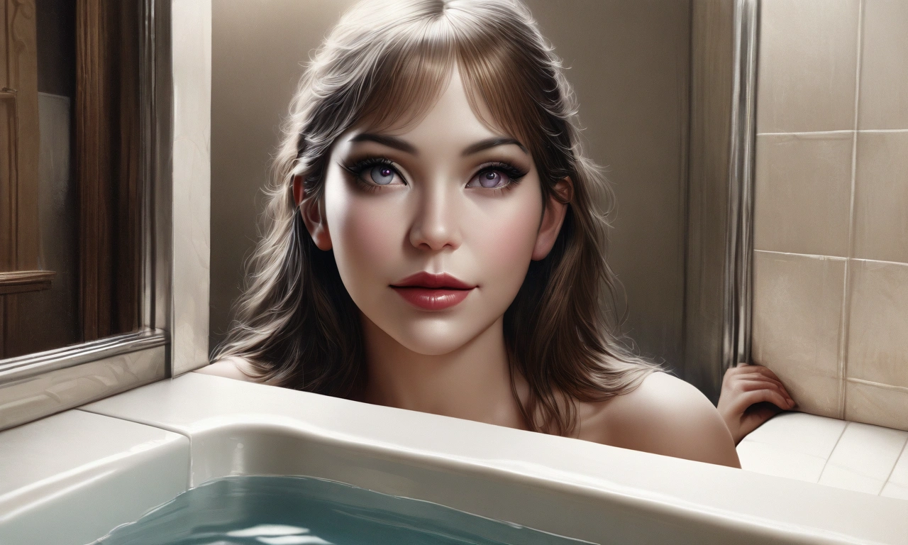 A cute naked woman bathing, magical colorful bubbles swirling around