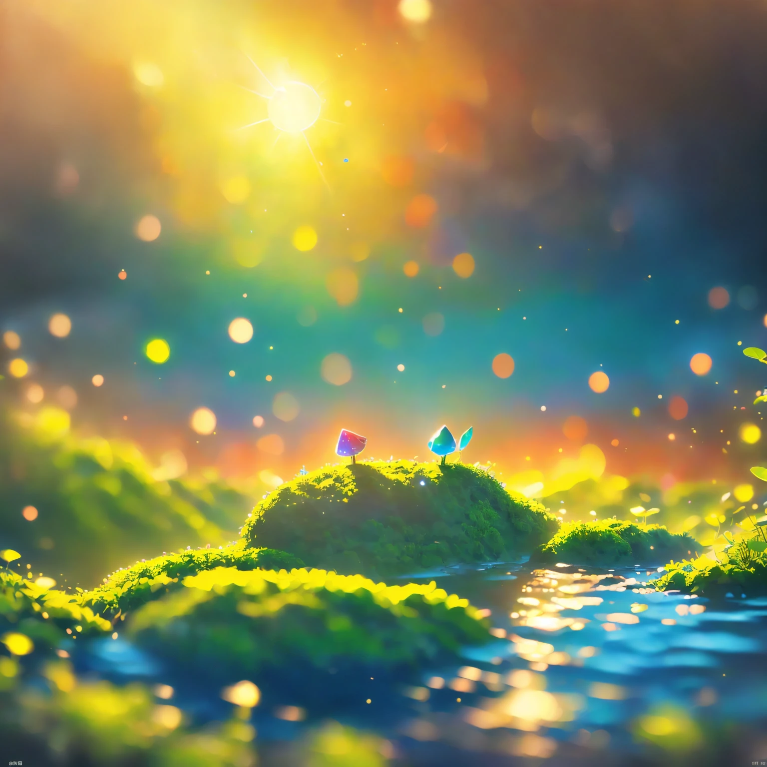 8K quality,(super masterpiece:1.3), best quality, detailed images,unmanned,(Small tree 々, lots of petals dance,cliff, Rock Field, fantastic waterfall,lake,lake畔,moss,水moss,background(sunset,sunsetの空,cloud, starry sky , gradient )).