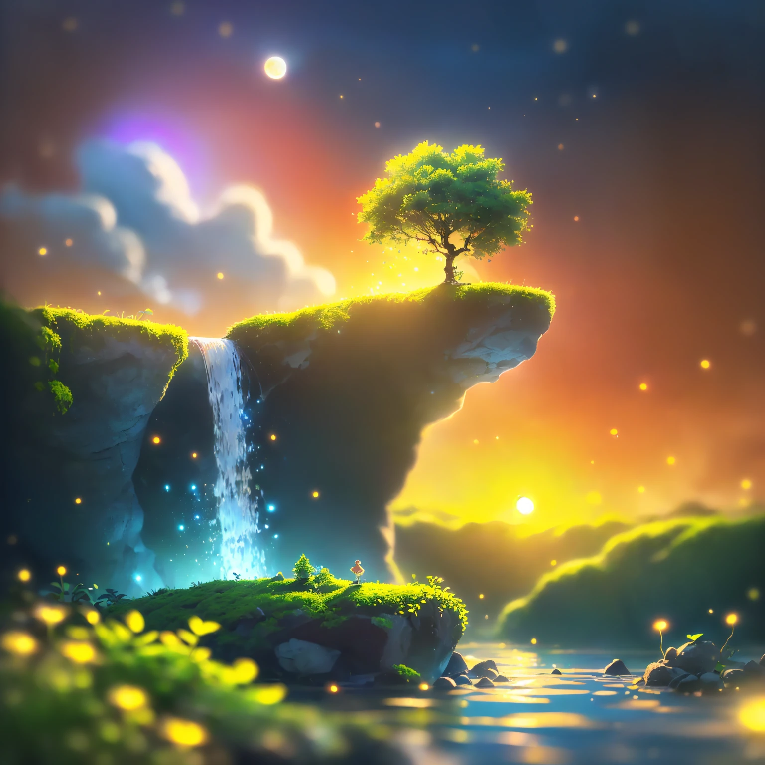 8K quality,(super masterpiece:1.3), best quality, detailed images,unmanned,(Small tree 々, lots of petals dance,cliff, Rock Field, fantastic waterfall,lake,lake畔,moss,水moss,full moon,Sunset,background(sunset,sunsetの空,cloud, starry sky , gradient )).