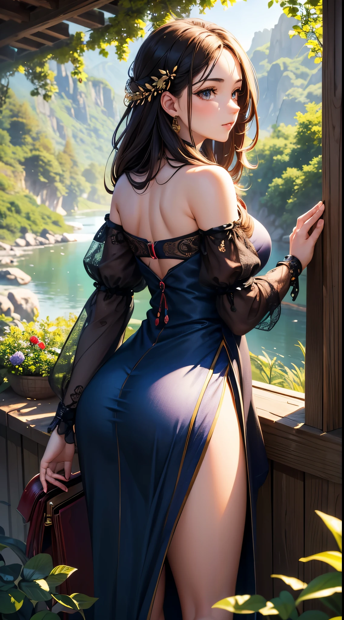 (masterpiece, best quality, detailed), 1girl, solo, Lara Croft, looking at viewer, long hair, braid,
<lora:wrenchelegadome:0.8>, wrenchelegadome, black dress, layered dress, long dress, outdoors, rooftop, day, cityscape, blue sky, cloud, scenery, railing, leaning forward, looking back, from behind, ass, smile, closed mouth