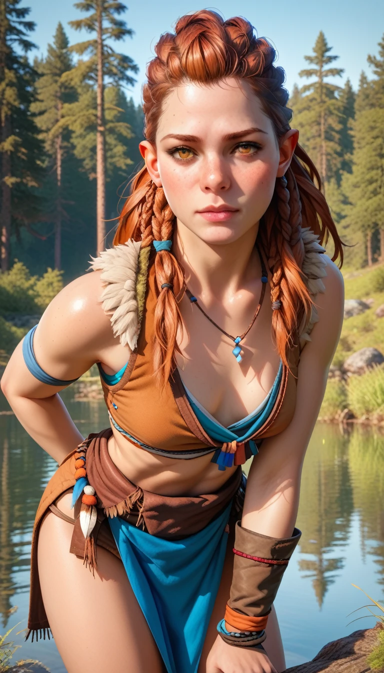 “A sexy young dwarf girl with braided auburn hair, wearing an oversized hoodie with a dragon emblem, bikini bottom standing in a graffiti-covered alley, urban fantasy style, soft lighting, 4k, detailed, 14k busty body full body view and holding a massive dwarf hammer, squatting knees spread 