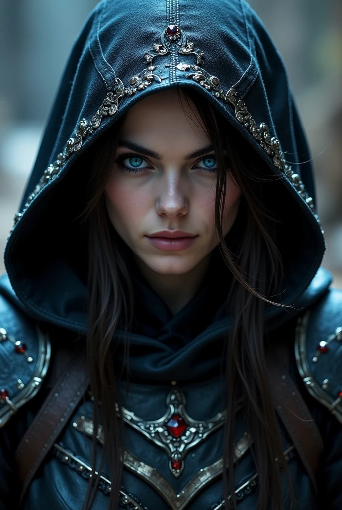 woman in hooded armor, Sparkling Blue Eyes, Dark fantasy,  detailed face , Exquisite Armor,  Dramatic Lighting,  cinematic composition ,  fantasy art ,  digital painting ,  Moody Atmosphere ,  bright color,  High Quality , Photographically, 8k,  bust up,  dynamic pose