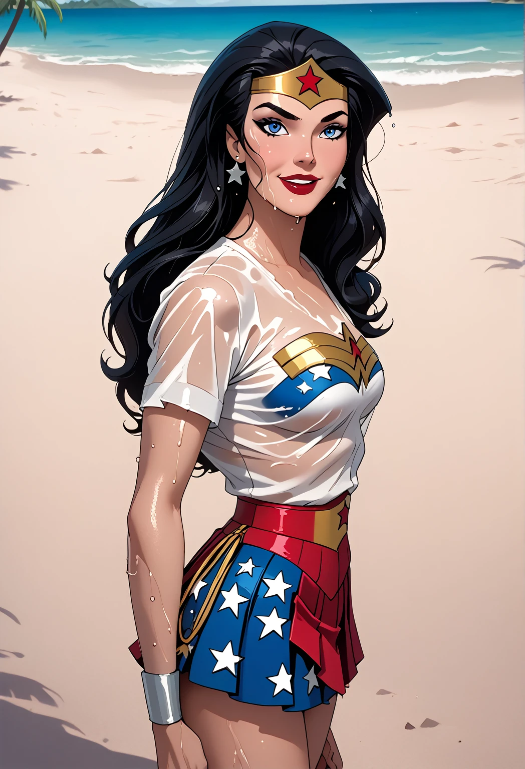 nsfw, masterpiece, best quality, 1 , wonder woman, black hair, long hair, hair band, blue eye, pleated skirt, (short white blouse, skirt lifted, in this, smile, makeup, wet, lipstick, Alone, sand, mar, tropical island background, lifted andd carried by spiderman in his arms